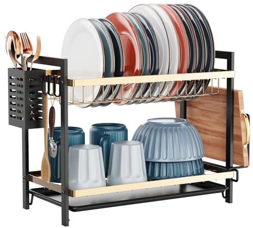 iSPECLE Stylish 2 Tier Dish Drainer Rack - Black & Gold Dish Drying Rack with Drip Tray, Cutlery Basket & Chopping Board Holder, Rust-Resistant for Kitchen Worktop, Modern Design