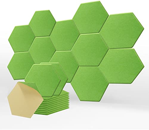 SK Studio 12 pièces Panneaux Acoustiques Hexagonal Auto-Adhésif, Mousse Acoustique Haute Densité pour la Décoration Murale et Le Traitement Acoustique, 35x30x0.9cm Vert