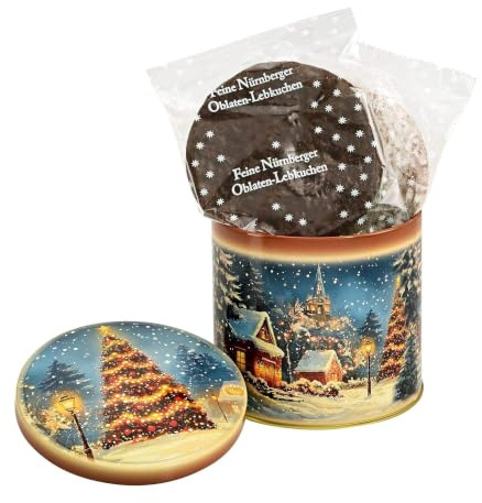 Geschenktruhe gefüllt mit 250g Oblatenlebkuchen, Schokoladen & Zuckerglasur | LEBKUCHEN WELT Lebkuchendose Winter-Motiv ca. 250g mit Nürnberger Oblaten Lebkuchen Weihnachten Geschenkdose - Give-aways