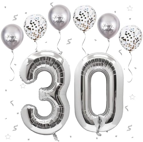 Silber Luftballon 30, Folienballon Zahl 30 Silber, 40 Zoll Helium Ballon 30, Geburtstagsdeko Folienballon Zahlen 3 & 0, Luftballon 30.Geburtstag Dekor-Set für Männer Frauen Geburtstag Party Deko