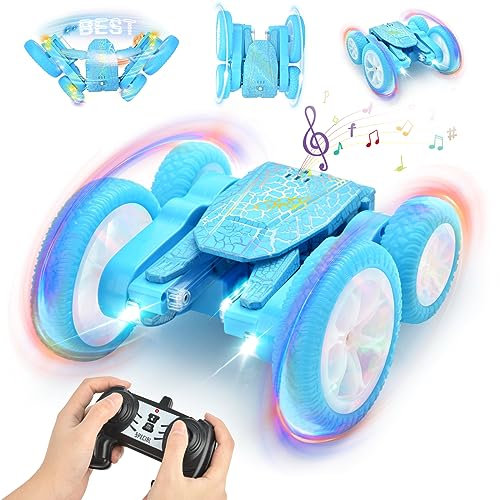 Ykgutilu Remote Control Car, 360° Rotatable RC Stunt Car with LED Light and Music, 4WD 2.4GHz Radio Controlled RC Stunt Car with Rotate and Flip Function, for Kids 6 7 8 9 12 Years