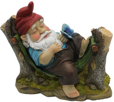 Dekohelden24 Gartenzwerg auf Hängematte, natürliche Farben, aus Polyresin, niedliche Deko für Garten, Terrasse oder Balkon, Größe: L/B/H ca. 10 x 22 x 18 cm