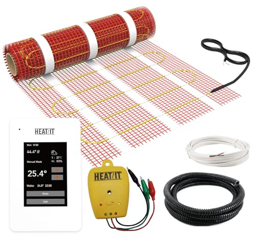 HEATIT Warmmat - Sistema di riscaldamento elettrico a pavimento, autoadesivo, termostato ET-7A e monitor di allarme, 50 m²