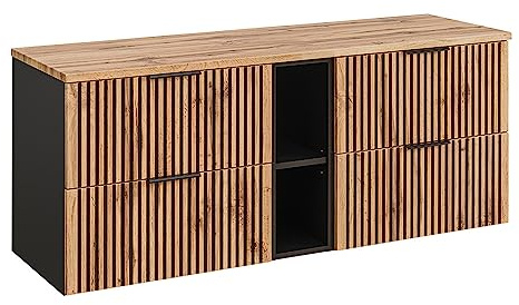 Lomadox Badezimmer Waschtisch Unterschränke Waschbeckenunterschränke 140,6x59,2x46,5 cm mit Regal anthrazit mit Eiche Nb. Rillen schwarz