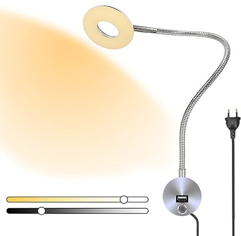 VOMI Leselampe Bett LED Wandleuchte mit Schalter Leselampe Wand Touch Dimmbar mit Stecker 360° Schwenkbar Schwanenhals 5W Bettlampe mit USB-Ladeanschluss für Schlafzimmer