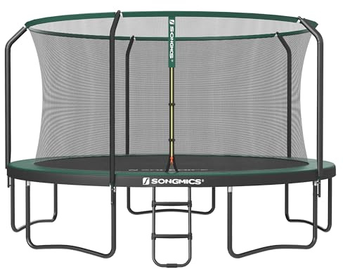 SONGMICS Trampolin 427 cm d, Gartentrampolin für Kinder mit Sicherheitsnetz, 180 cm hohe Stangen, Randabdeckung, Leiter, Stahlrahmen, schwarz-dunkelgrün STR143C01