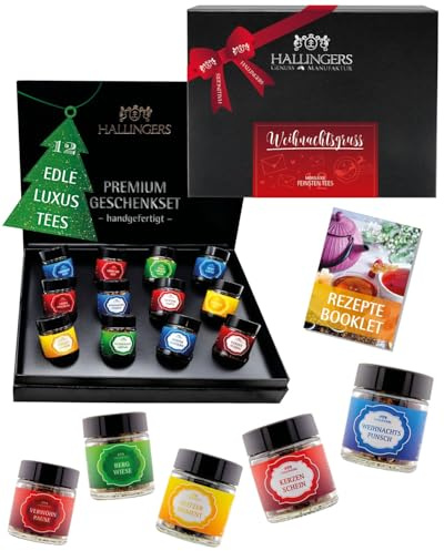 Hallingers Genuss Manufaktur Tee Weihnachts-Geschenk-Set - 12 Sorten premium loser Tee Probierset in edler Geschenkbox mit Rezept-Booklet Weihnachtsgruß, Weihnachten für Frauen Männer