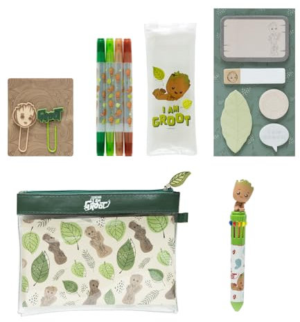 Grupo Erik Schreibwaren Marvel Groot - Kugelschreiber 10 Farben - Federmäppchen Groß - Büroklammern - 4 Textmarker - Notizzettel Klebend Marvel Fanartikel