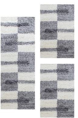 Carpetsale24 Bettumrandung Schlafzimmer 3 teilig Shaggy Hochflor Teppich Hellgrau Bettvorleger Schlafzimmer Bettset: 2 St. 60x110 cm | 1 St. 80x150 cm - Flauschiger Teppich Läufer Set Kariert Design