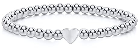 FLHEART Herz Armband Silber Damen Edelstahl - Freundschaftsarmband Silberarmband 5MM Kugelarmband, Elastische Silber Armbänder mit Herz Charm, Geburtstag Geschenke Schmuck für Frauen Mädchen Freundin