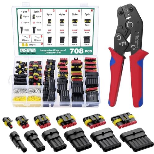 Faankiton 708PCS Waterproof Car Electrical Connector, 1/2/3/4/5/6 Pin Way Waterproof Electrical Connector Kit, Electrical Automotive Wire Connectors Plug, Terminals Plug, with Crimping Plier