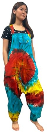 Rainbow Overall Cotton Handmade in Nepal | Bohemian Patchwork Jumpsuit | Hippie Style Dungarees | Colorful Handcrafted Romper | Adjustable Straps | Unique Festival Fashion (L/XL)