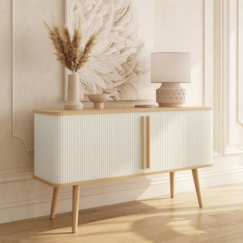 Wermo 135 cm Sideboard Wohnzimmer mit Weißen Türen und verstellbaren Einlegeböden - Kommode Sideboard Weiß, Schrank Wohnzimmer, TV Schrank Weiss, TV Board, Fernsehtisch, Lowboard Holz (Eiche)