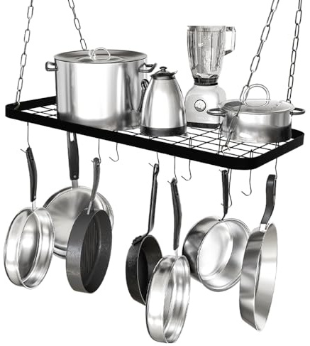 J JACKCUBE DESIGN Ceiling Pot Rack, 33 Inches Wall Hanging Mounted Pot Pan Hanger with 12 Hooks, Multi-Purpose Cookware Kitchen Utensils Organizer Storage Shelf - MK397C