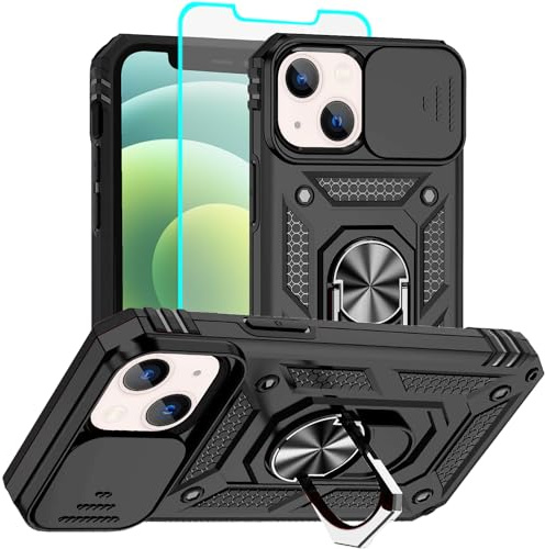 Aozuoton for iPhone 12 Mini Case with Screen Protector：Dual Layer Military Grade Drop Protection Magnetic Ring Kickstand - Camera Lens Protective Phone Case for iPhone 12 Mini black