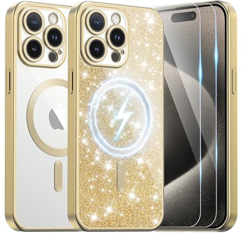 Ethanger for iPhone 15 Pro Case with 2 Screen Protector Compatible with MagSafe, Magnetic Cover Shockproof Frosted Bumper with Glitter Card and Wrist Strap for Women Girls, Titanium Gold | Compatible with Magsafe, glitter card and wrist strap, transparent silicone matte cover