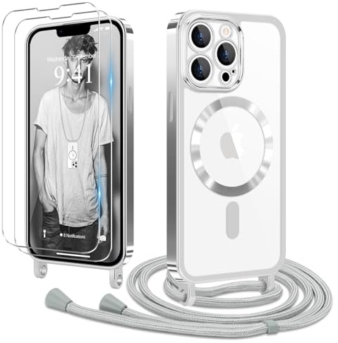 Ethanger für iPhone 12 Pro Max Hülle mit Band + 2 Schutzfolie, Silber | Handyband Transparent Silikon Handyhülle, Magnetische Schutzhülle Case zum Umhängen Kordel