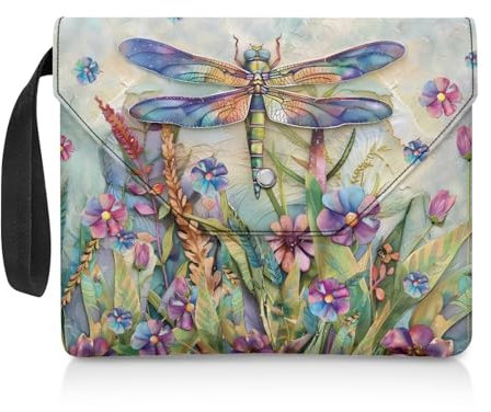 NETILGEN Buchhülle Buchschutzumschlag für Leseliebhaber Geschenke, waschbarer Buchumschlag mit gepolstertem Tragegriff, Lesergeschenk 30 x 24 cm, Libelle Blume Blatt