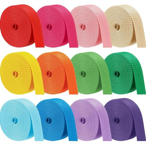 Wonninek Polypropylen Gurtband 12 Rollen 60M, 2,5 cm x 5 m, robustes Gurtband, Sicherheitsgurtgurt zum Klettern, Basteln, Heimwerken, Gepäckgurt, Haustierhalsband, Rucksackreparatur, 12 Farben