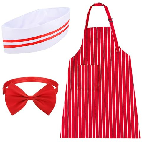 Vifcotlyp 3PCS Schürze Und Kochmütze Set, Koch Outfit Erwachsene Einstellbar Lätzchen Schürze Mit Taschen Rot Und Weiß Gestreift Halter Schürze Kochen Und Backen Schürze Für BBQ Küche Gartenarbeit