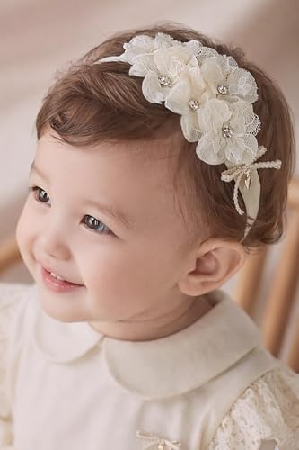 ICKEYOU Baby Girls Hairband White Bow Lace Headbands Handmade Soft Stretchy Wide Head Band Newborn Hairbands with Bows Pearls Elastic Headband for Infant Hair Accessories（Beige Lace Flower）