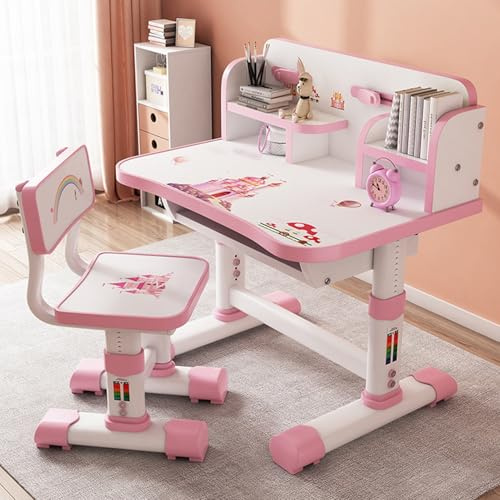 Fukursul Set aus Schreibtisch und Stuhl für Kinder, höhenverstellbar, ergonomischer Lerntisch mit Cartoon-Motiv, erweiterte Platte, große Schreibtafel, Bücherregal, Bücherregal