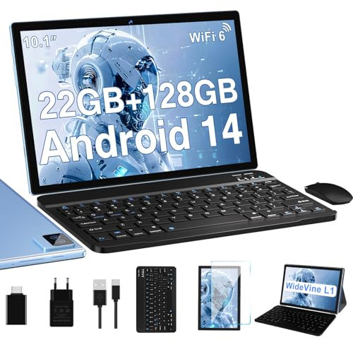 Tablette Android Tablette 10 Pouces 22Go RAM + 128Go ROM(2To Extensible), Octa-Core, GMS Tablette Tactile, WiFi 6, 5G Wi-FI, Widevine L1, 8000mAh, GPS, Tablettes avec Clavier+Souris et Cas-Bleu