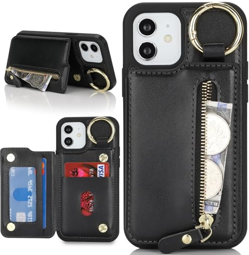 Zouzt Case for iPhone 11 6.1 Inch, Wallet Case with Credit Card Holder Slot, Premium PU Leather Key Ring Zipper Shockproof Protective Phone Cover for Men Women - Black