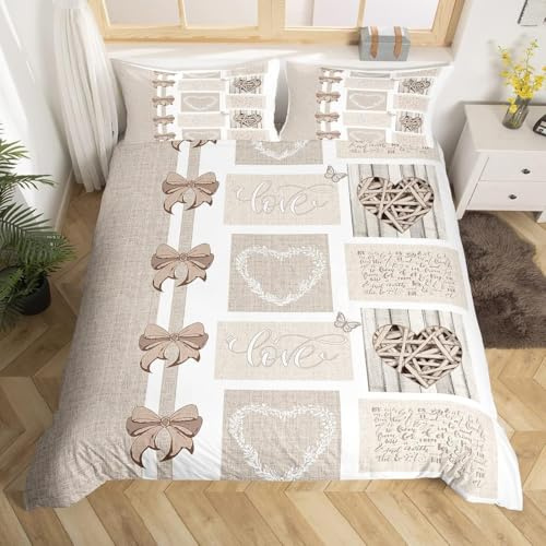 Homemissing Double Cute girl Bedding Set Retra khaki white Duvet Cover tie love heart decoration Comforter Cover Set 100% soft ultra-fine fiber Comforter Cover Set suitable for female couples