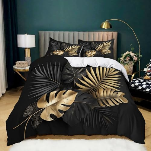 Bettwäsche 180 x 200 cm Weich Mikrofaser Tropisch Blattgold Pflanzen Palmenblatt Wendbarer Schwarz Gold Bettbezug Mit Reißverschluss - Waschbar Modern Luxus Bettwäsche für Jungen und Mädchen