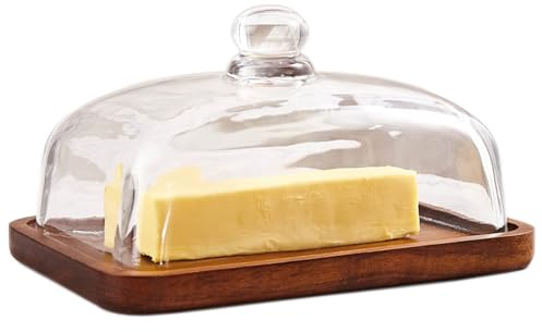 XTTAP butter dish with lid, glass airtight lid keeps butter soft, for countertop and refrigerator. Widened design to fit all butters. Covered butter dishes with, Made of glass and Acacia wood.