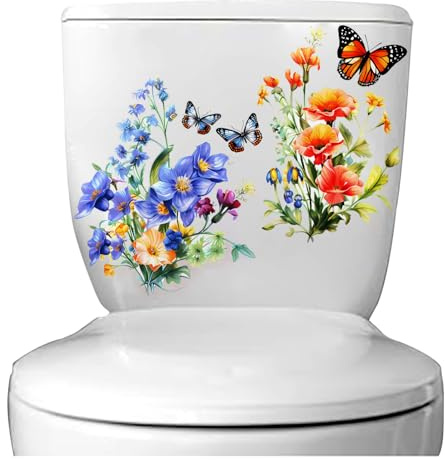 HOMMDECO Lot de 4 feuilles de décalcomanies autocollantes pour abattant de WC Motif papillons et fleurs