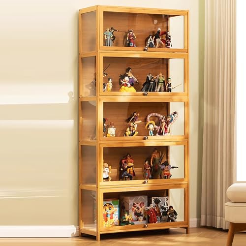 Witriolik Vitrine Standvitrine Vitrinenschrank Bücherschrank Mehzweckschrank Vitrine Natürlicher Bambus+Acryl viel Stauraum Modern Vintage Vitrinenschrank Highboard für Büro Wohnzimmer Küche