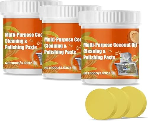 Ismmall - Pasta detergente multiuso all'olio di cocco e lucidatura, pasta per la pulizia dell'olio di cocco, in acciaio inox, potente detergente multiuso, pasta detergente per cucina (3 pezzi)