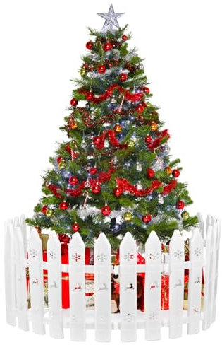 EUIEUT Christmas Tree Fence, 15 PCS Plastic White Picket Fence Panels 12 Inches Christmas Tree Guard Snowflake Reindeer Fences for Xmas Home Wedding Fairy Garden Party Decoration, 10x30cm