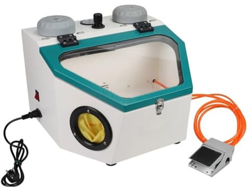 YXFAZPP Tisch-Sandstrahlkabinett, Dental-Sandstrahlgerät mit Doppelstift, LED-Licht und Fußschalter, Luftdruck einstellbar, Breitbild-Glasscheibe