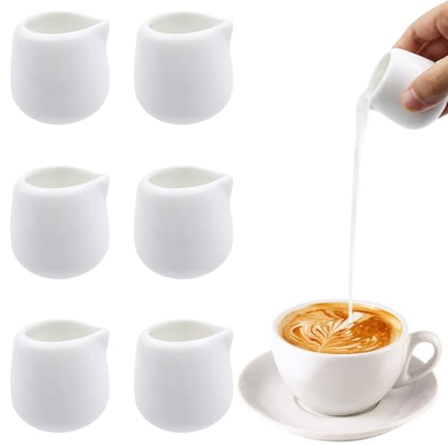 6PCS Small Milk Jugs, 50ML White Milk Jug Small Without Handle, White Ceramic Mini Milk Jug, Gravy Jugs, Sauce Jug, Sauce Pots, Mini Milk Creamer Pitcher for Milk, Coffee, Tea, Sauces