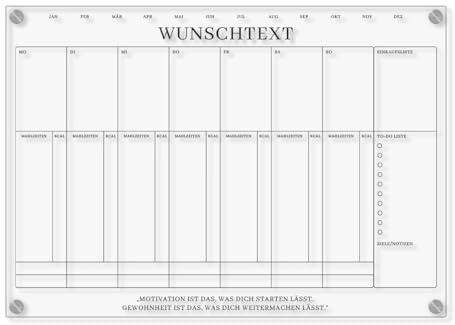 Personalisierter Acrylglas Fitnesskalender - Essensplaner/Kalorienzähler abwischbar DIN A3, A2 oder A1 XXL wählbar inkl. Montagematerial und Edelstahl Abstandhalter, langlebig, klarer UV-Druck