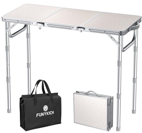 FUNYKICH Tavolo da Campeggio Pieghevole 87x40 cm,Tavolo da Picnic in Alluminio con 3 Altezze Regolabili (26/48/70 cm) e Maniglia di Trasporto, Piano in MDF,per Barbecue, Pesca e Campeggio,Bianco