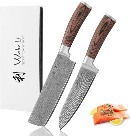 Wakoli EDIB 2-teiliges Damast Küchenmesser Set – Messerset mit Santoku & Nakiri aus echtem Damaststahl (VG10 Kern) – Scharf & ergonomisch – Damastmesser Set mit Pakkaholzgriffen in Geschenkbox