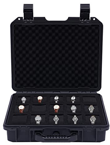 HANGKAI Valigetta per orologi con 15 scomparti, impermeabile e resistente agli urti, per tutti gli orologi e orologi intelligenti