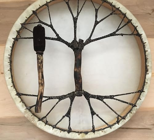 Árbol de la vida hecho a mano de 46 cm, tambor chamán de piel de búfalo, chamánico, tambor de mano de percusión, meditación de yoga, curación de medicamentos, marco de madera, celebración de eventos +