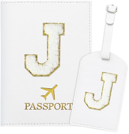 ZVRSUA Reisepasshülle Kofferanhänger Set mit Buchstabe , Reisepasshülle Personalisiert mit Namen, Passport Hülle Weiß, Travel Passport，Ausweistaschen，Geschenk für Frauen/Teenager/ Mädchen/Kind (J)