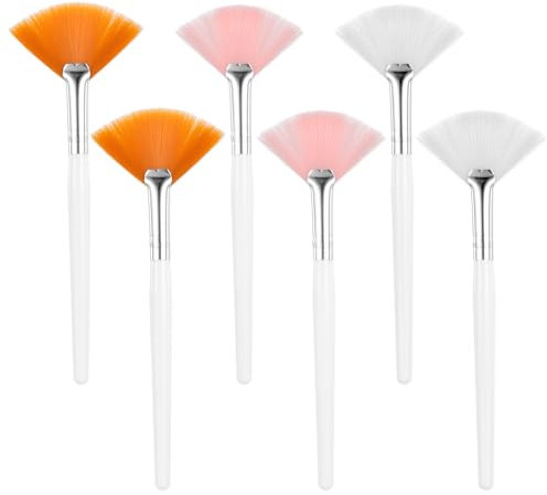 BOHUIZ 6 Pcs Fan Brushes for Facial, Slim Soft Facial Fan Brush Soft Makeup Brushes Face Mask Applicator for Glycolic Peel Masques Women Mud Clay Mask Esthetician Supplies(Pink, White, Yellow)