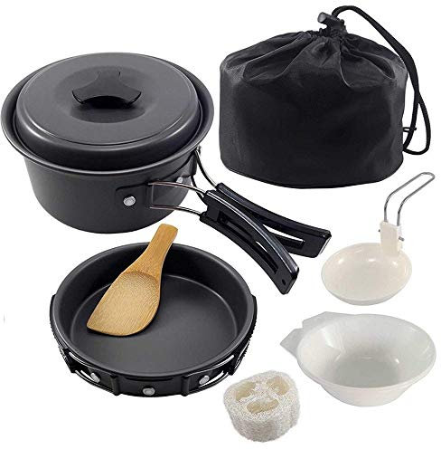 Batterie de cuisine de camping pour 2 personnes – Casseroles et poêles légères et antiadhésives avec ustensiles et sac de rangement – Équipement de camping empilable pour la cuisine sur feu de camp