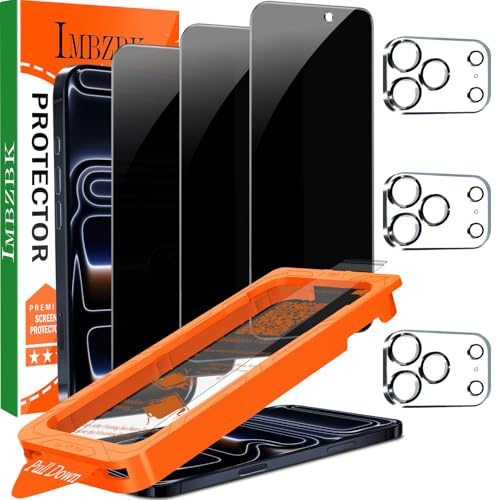 IMBZBK 3 Pack Privacy Screen Protector for iPhone 17 Pro [6.3 INCH] Anti Spy Private Accessories, Auto-Dust Removal, Case Friendly Film, Military Grade Tempered Glass 3 Camera Lens Protector