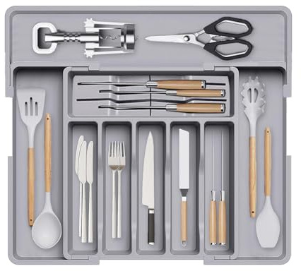 Wnddle Cutlery Drawer Organiser, Expandable Utensil Tray for Kitchen, Gray Tray for Kitchen Utensils, Expandable Large Plastic Cutlery Organiser, Adjustable Storage (Gray with knife holder)