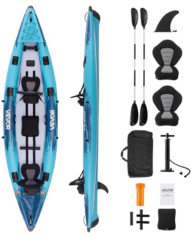VEVOR Kayak Gonfiabile per 2 Persone, Capacità 317,5 kg, Resistente a Perdite e Forature, con Seduta Imbottita, Pavimento in PVC, 2 Pagaie, Pompa a Mano, Borsa Trasporto, per Pesca e Campeggio