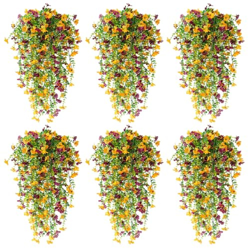 LoNinLoAn Artificial Hanging Flowers, 6 Pcs Artificial Wisteria Basket Vine | UV-Resistant Artificial Hanging Plants for Wall Home Garden Yard Patio Wedding Decoration, Yellowish Brown