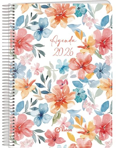 Q Kalon - Agenda 2026 - Veckoöversikt Vertikal, Storlek A5 (15x21 cm), Årsplanerare Flera Språk (ENG, FRA, TYS och SPA), Ringpärm, Omslag av Kartong och Skyddande Plast - Garden